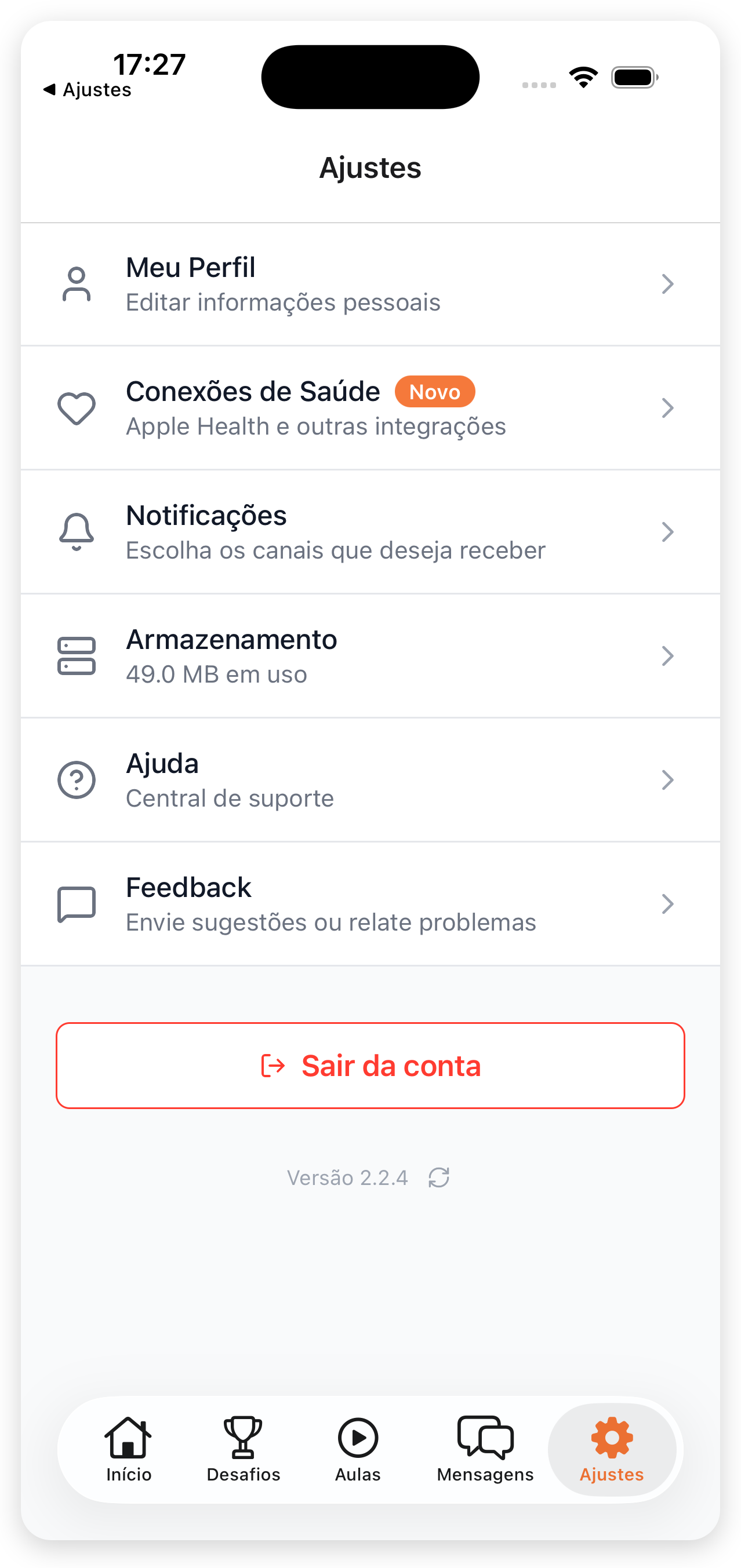 Tela atual de Ajustes com acessos para perfil, conexões de saúde, notificações, armazenamento, ajuda e feedback