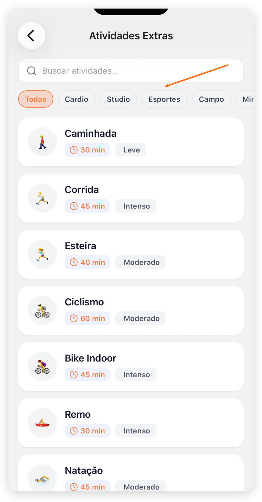 Lista de Atividades Extras com busca, filtros por categoria e exemplos de cardio