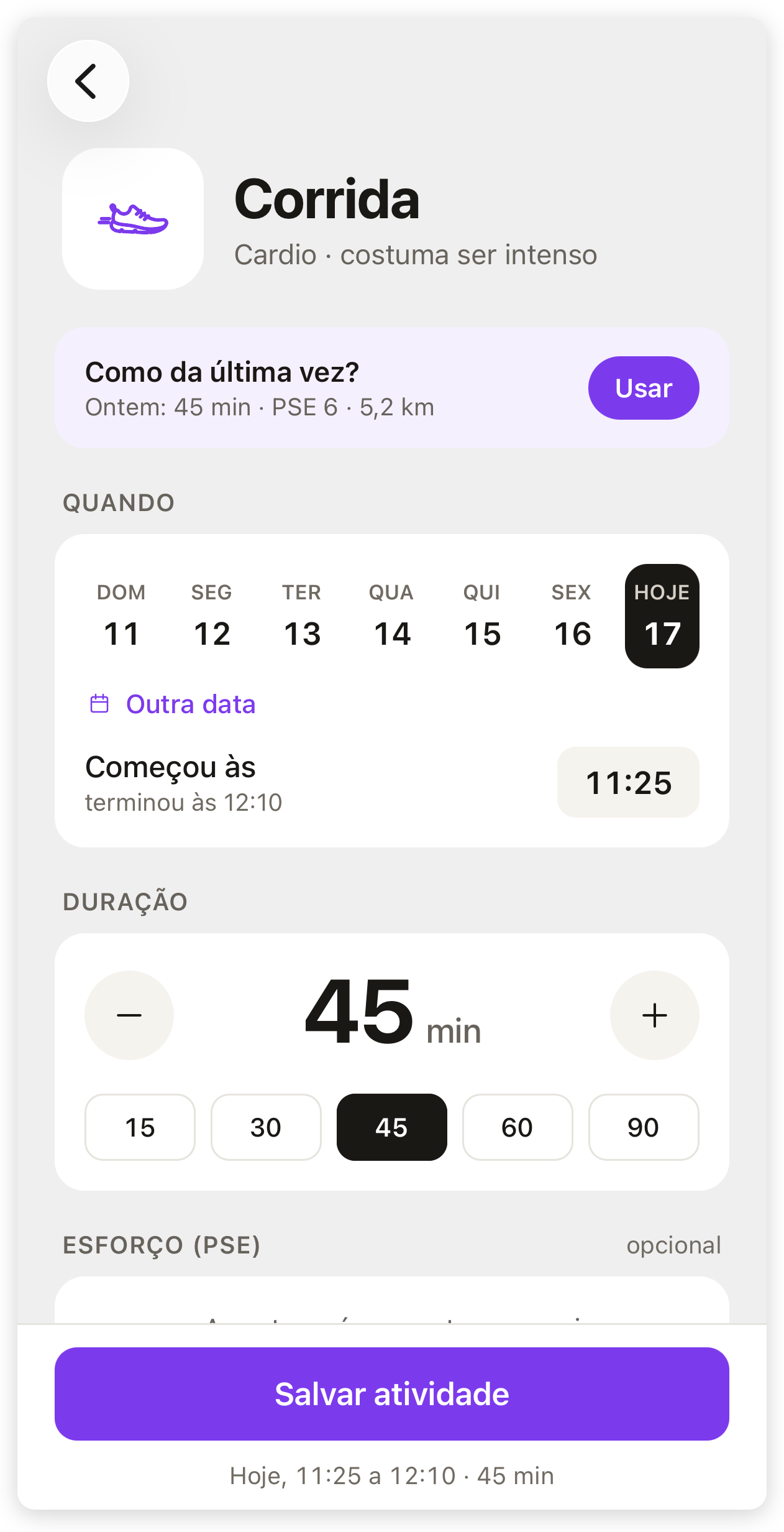Registro de Corrida com Como da última vez, a escolha do dia e do horário, a duração de 45 minutos e o botão Salvar atividade