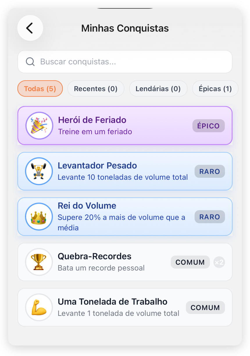 Tela de Conquistas com busca, filtros por raridade e marcos desbloqueados