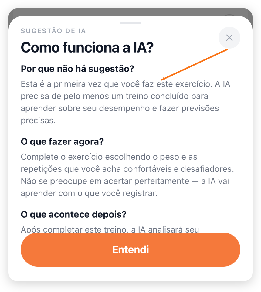Painel da IA explicando por que o primeiro treino ainda não tem sugestão