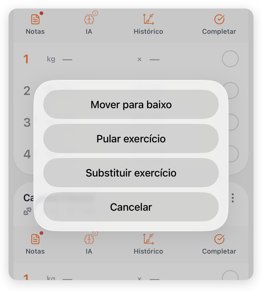 Menu do exercício com as ações Mover para baixo, Pular exercício e Substituir exercício