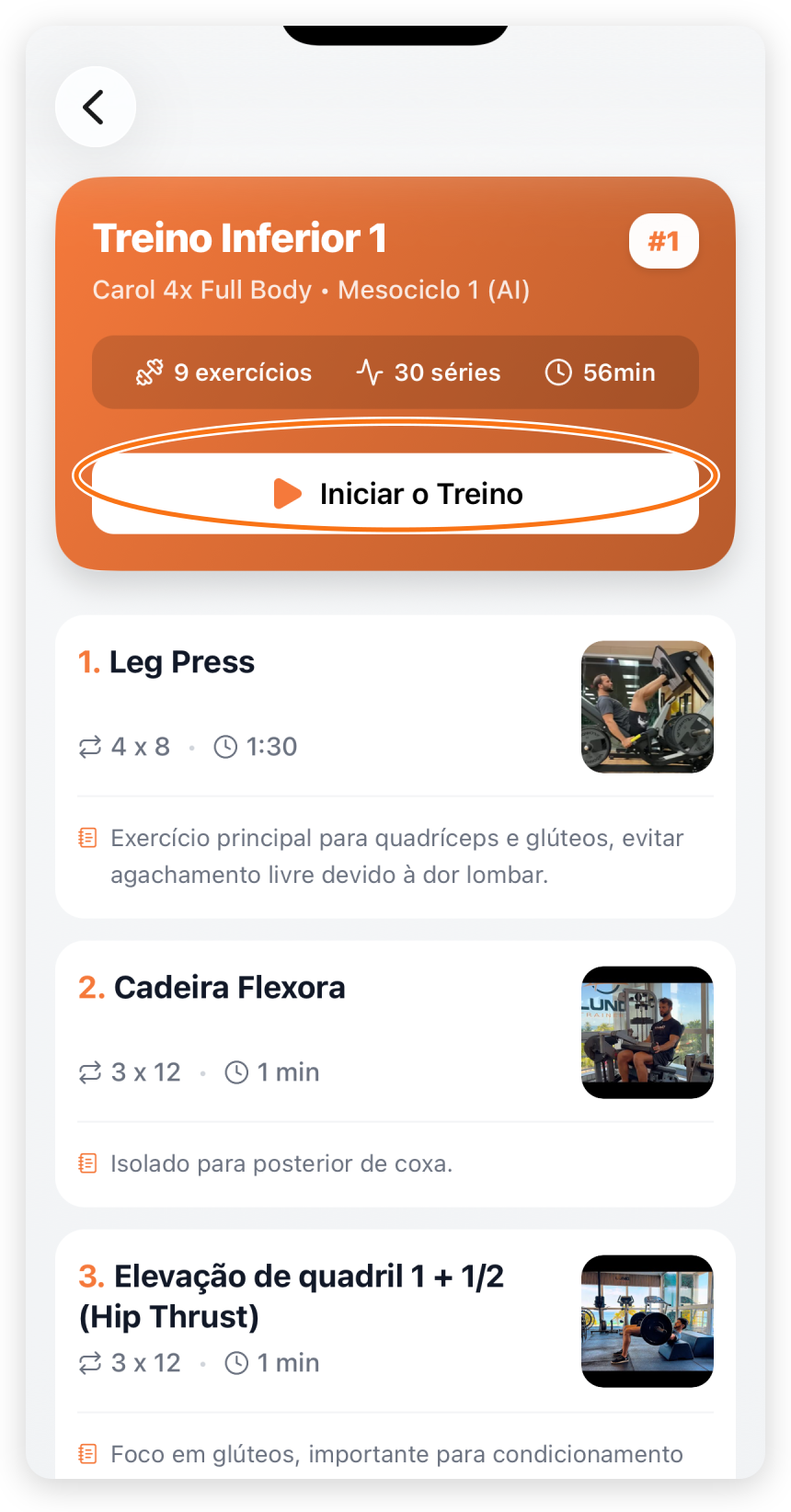 Detalhes da sessão com resumo, botão Iniciar o Treino e os primeiros exercícios prescritos