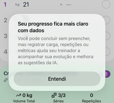 Orientação no app do aluno explicando por que registrar carga e repetições ajuda a acompanhar o progresso no Modo Relaxado