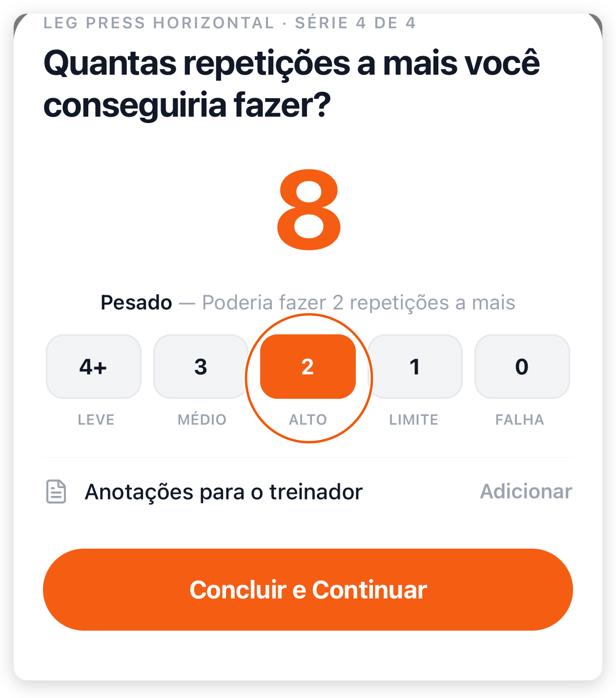 Pergunta de PSE ao fim do exercício, com a escala de leve a falha e o botão Concluir e Continuar
