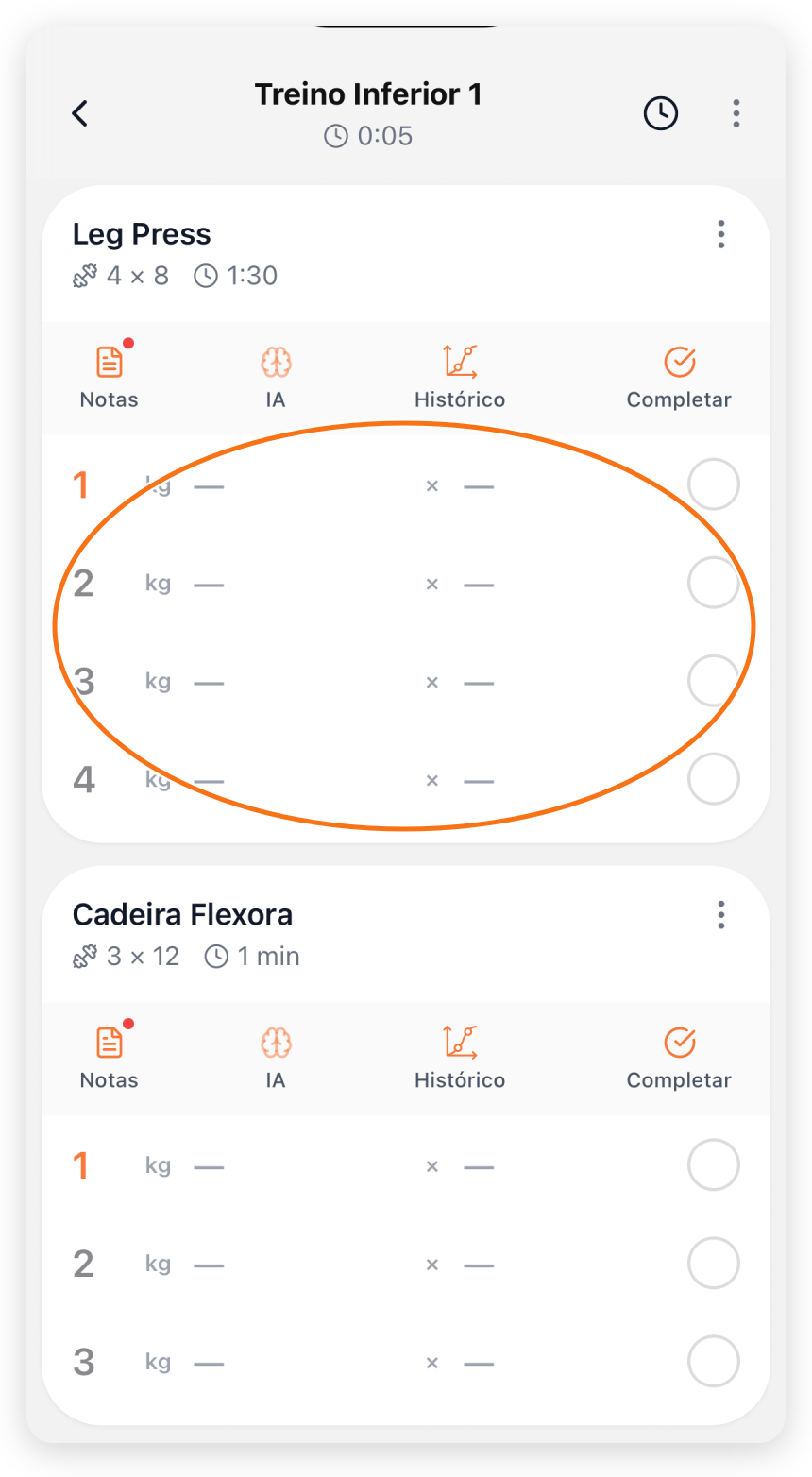 Treino em andamento com cronômetro, campos das séries e atalhos do exercício