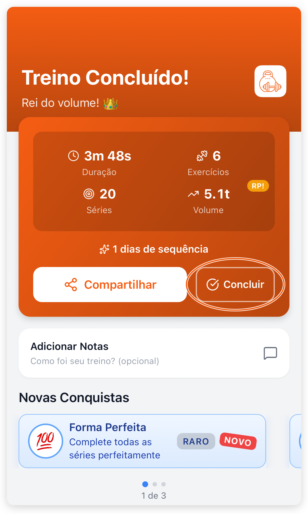 Resumo do treino concluído com duração, exercícios, séries e volume e o botão Concluir em destaque