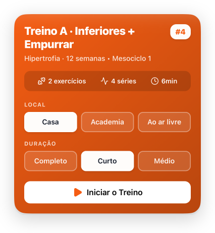 Sessão pendente com Casa e Curto selecionados, prévia de dois exercícios e quatro séries e Iniciar o Treino disponível