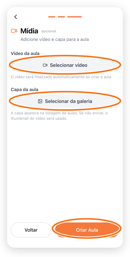 Edição de mídia da aula no app com vídeo e capa opcionais