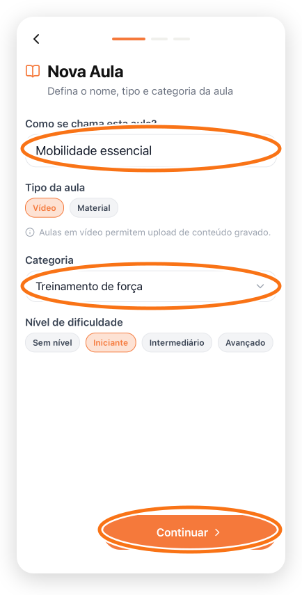 Formulário inicial no app com nome e categoria obrigatórios