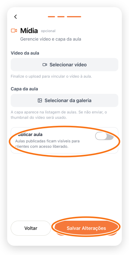 Ação Publicar aula destacada na tela de edição do app
