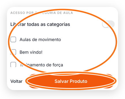 Seleção de todas as categorias ou categorias específicas e ação para salvar no app