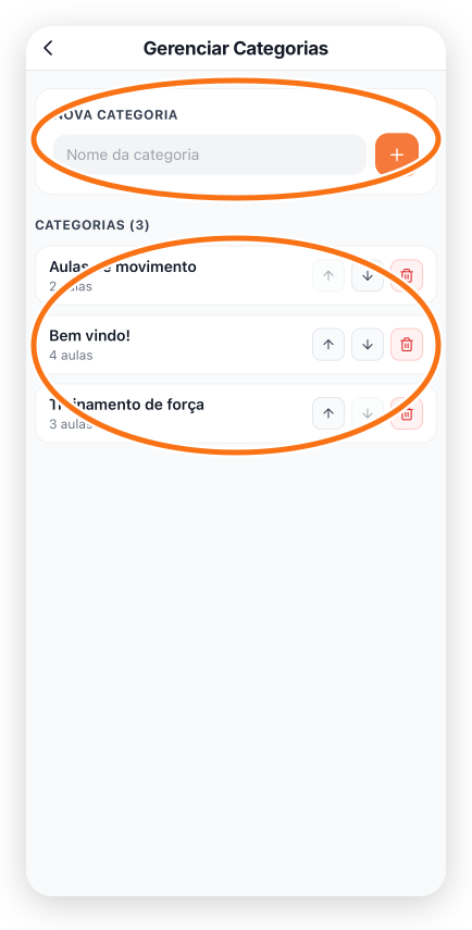 Gerenciamento de categorias no app com criação, renomeação e ordenação