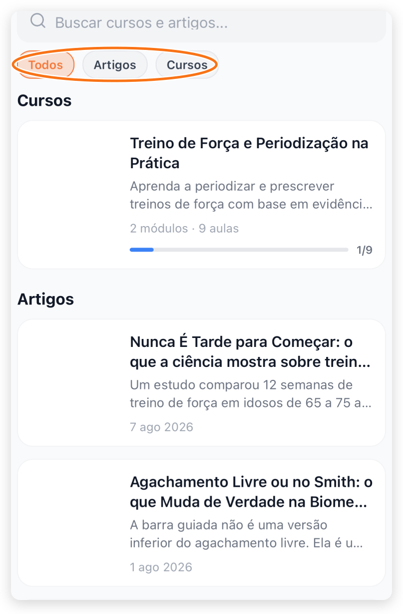 Academy no app do treinador com abas de cursos e artigos e campo de busca