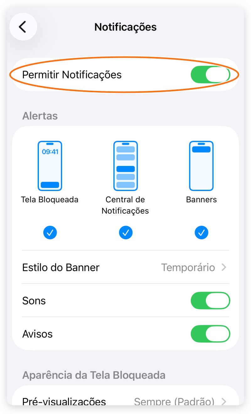 Ajustes do iPhone com a permissão de notificações do TreinoAI ativada