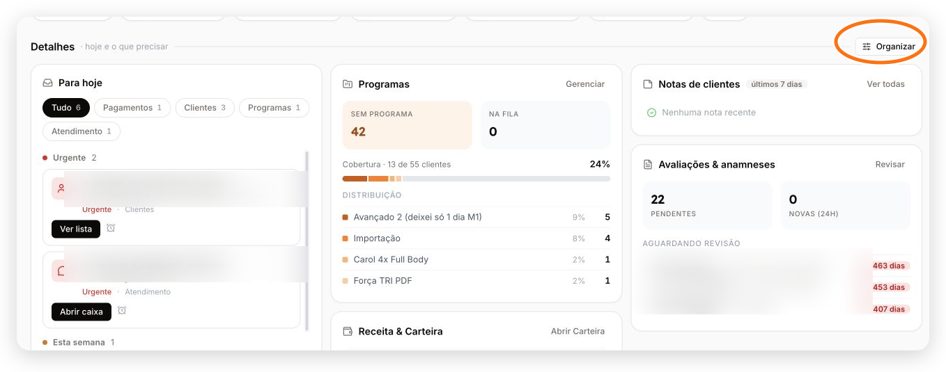 Visão Geral do painel web com prioridades, programas, avaliações e o botão Organizar