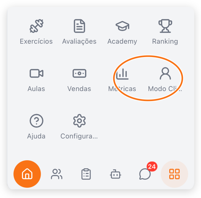 Menu Mais do app do treinador com a opção Modo Cliente destacada