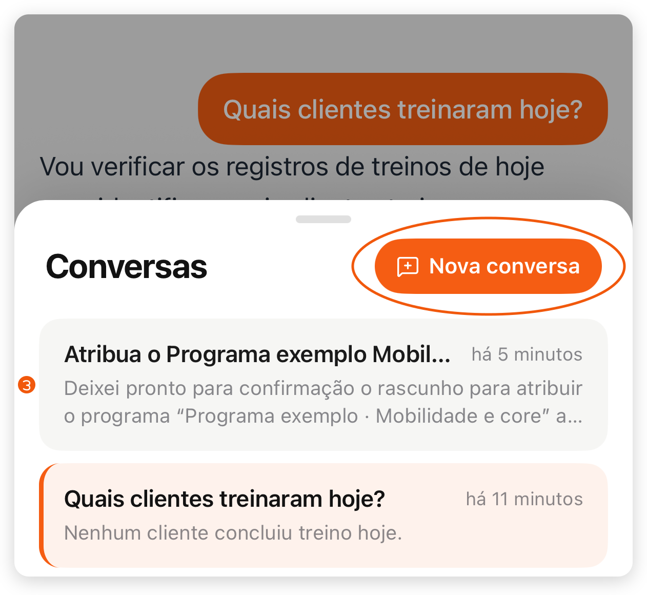 Lista Conversas do Treinico no app do treinador com o botão Nova conversa no topo
