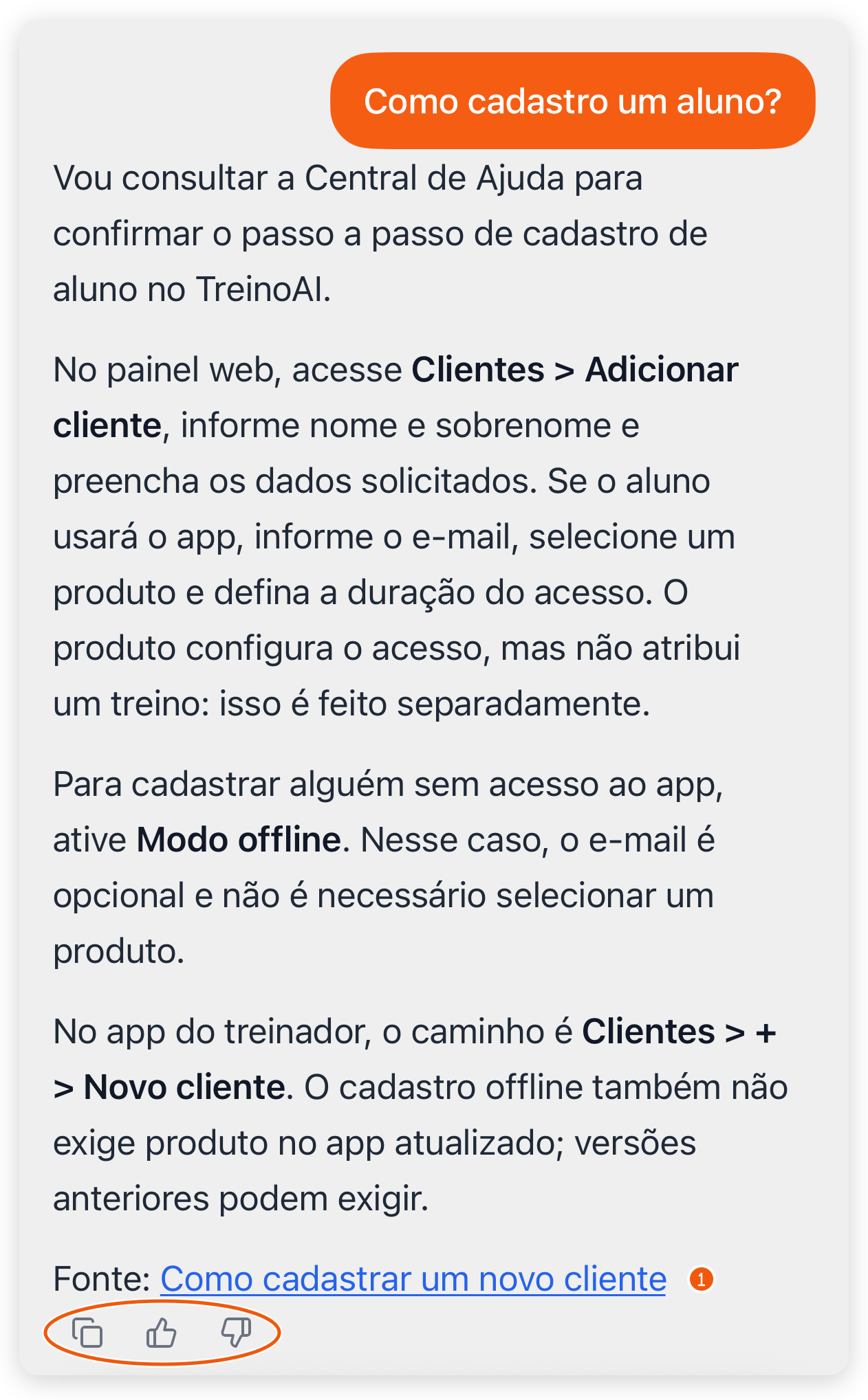Resposta formatada do Treinico no app do treinador com a linha Fonte e os ícones de copiar, útil e não útil abaixo do texto