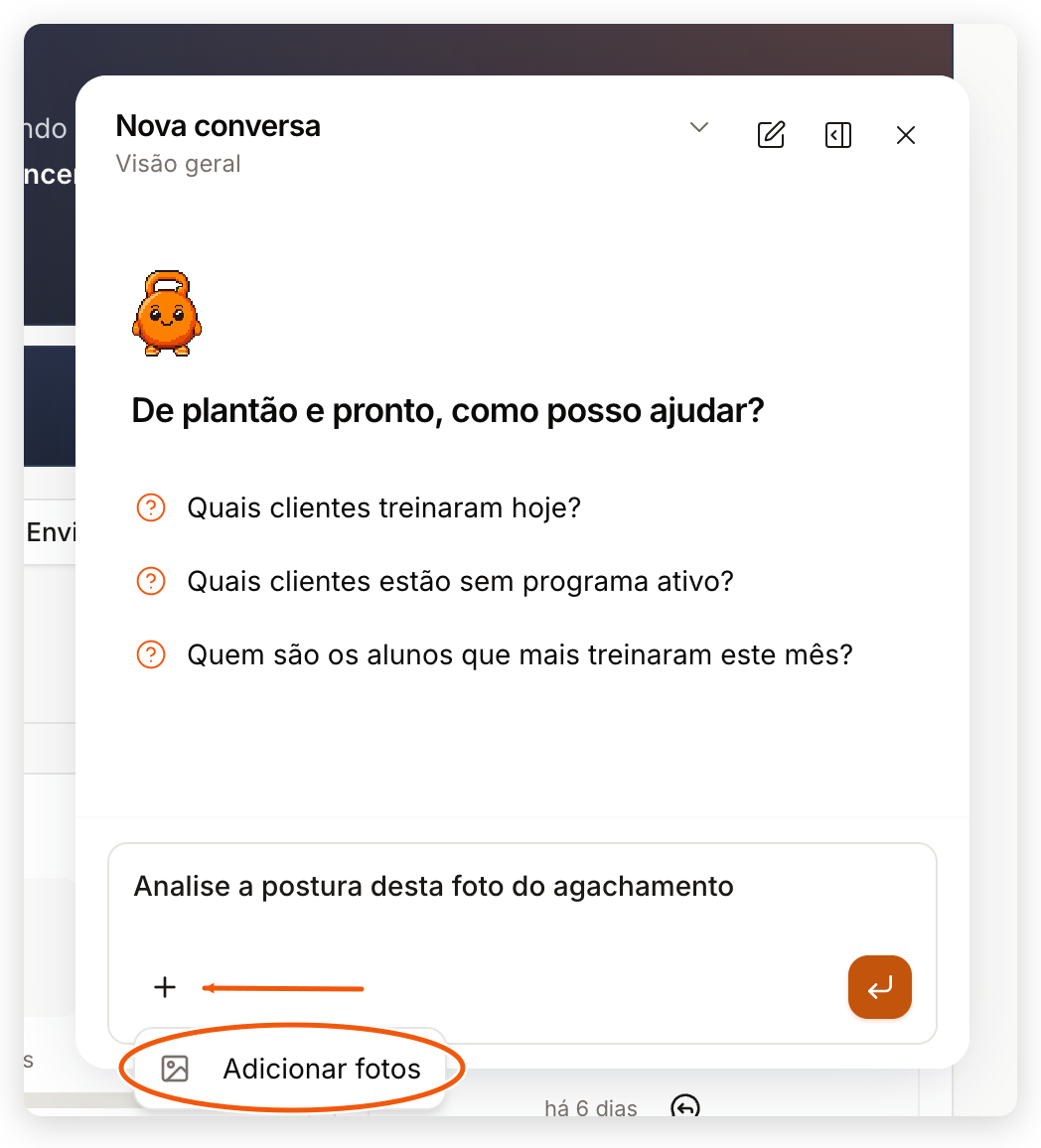 Menu do botão + aberto no campo de mensagem do Treinico no painel web, com a opção Adicionar fotos