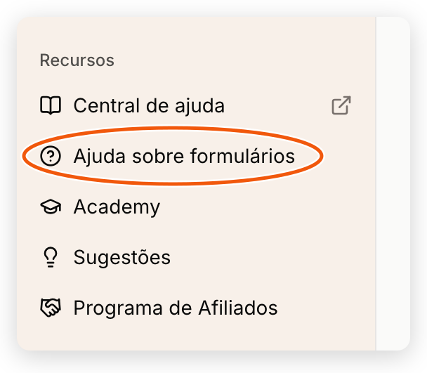 Seção Recursos do menu lateral do painel web com o item Ajuda sobre formulários