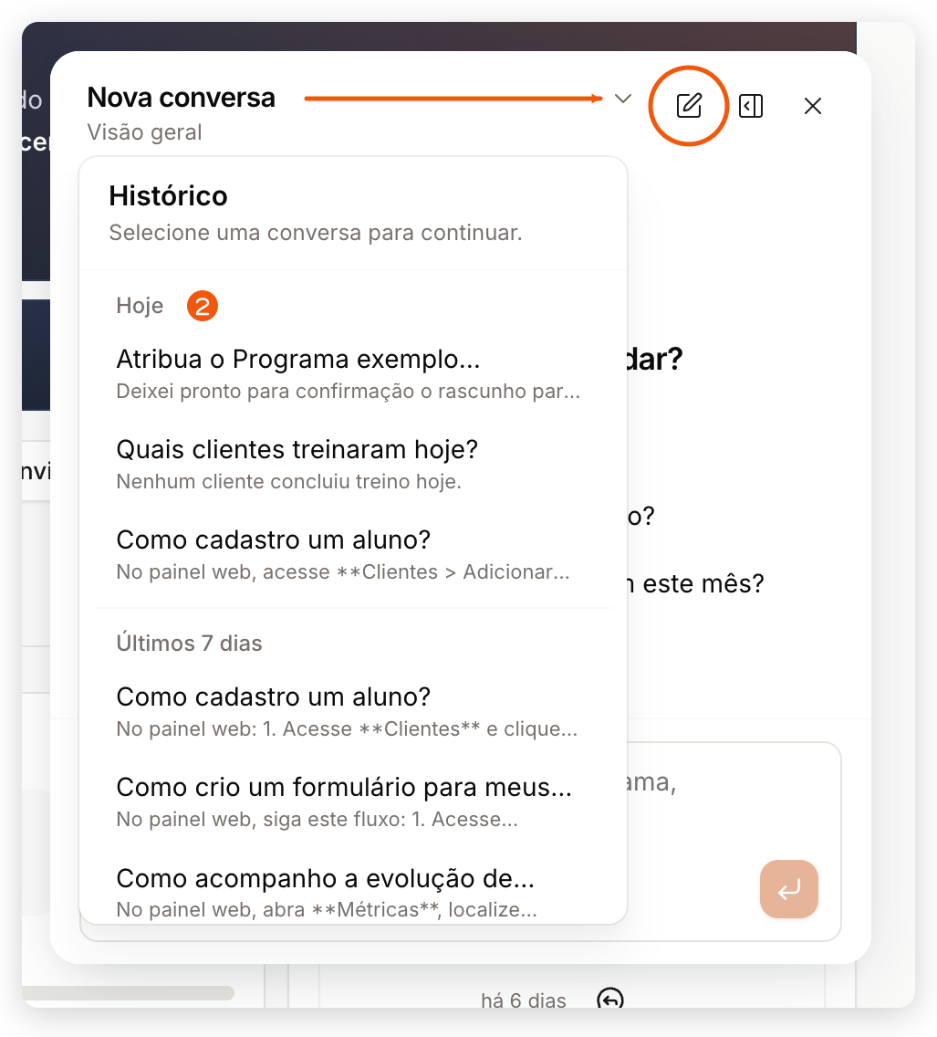 Histórico do Treinico no painel web com conversas agrupadas em Hoje e Últimos 7 dias