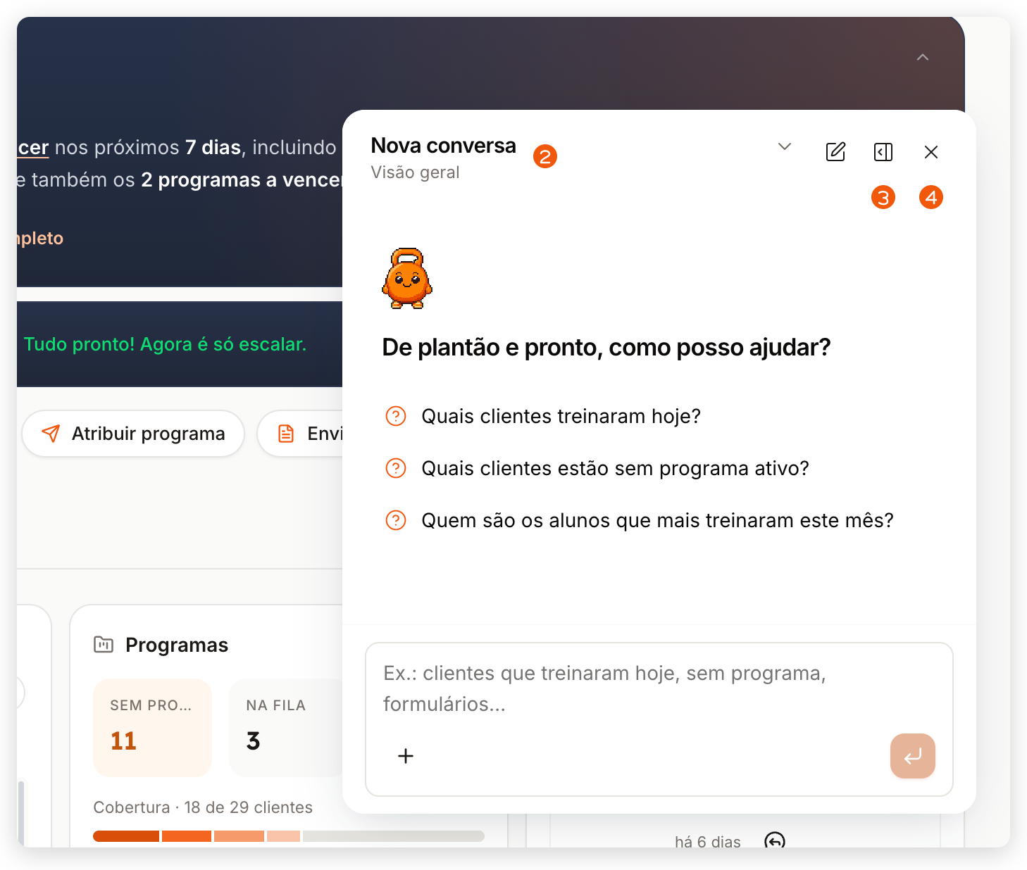 Janela flutuante do Treinico aberta na Visão Geral do painel web, com Nova conversa, perguntas sugeridas e o campo de mensagem