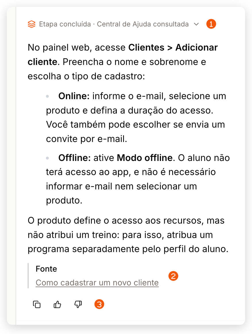 Resposta do Treinico no painel web com o resumo Central de Ajuda consultada, o passo a passo e o bloco Fonte com o artigo usado