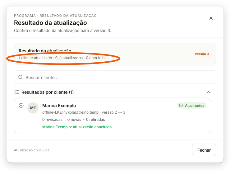 Resultado da atualização com o total do lote, a transição de versão do aluno e o selo Atualizados