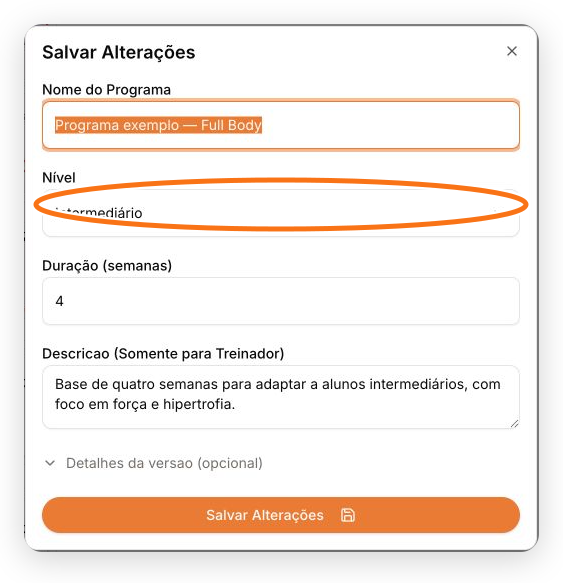 Tela Salvar Alterações com o campo Nível do programa destacado