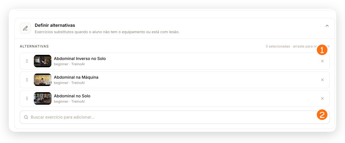 Editor do exercício na seção Definir alternativas, com a lista selecionada e a busca destacadas
