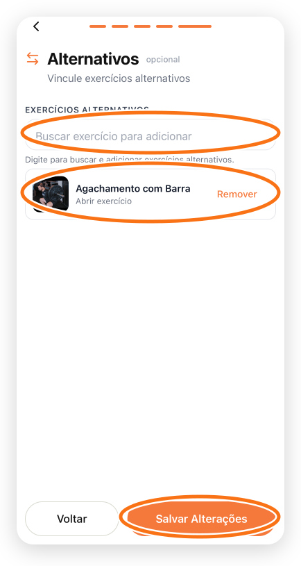 Tela Alternativos no app com a busca, a opção vinculada e a ação de salvar destacadas