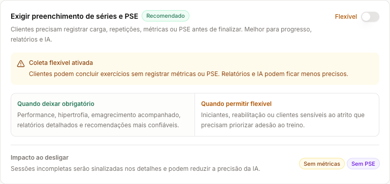 Configuração da sessão no painel web com Exigir preenchimento de séries e PSE desativado e Coleta flexível ativada