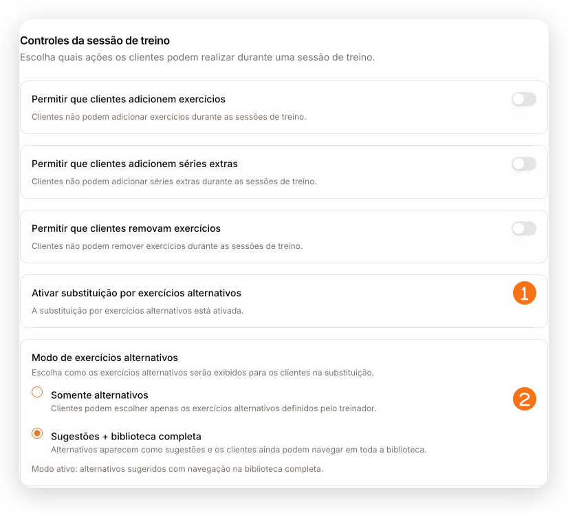 Controles da sessão com substituição por exercícios alternativos ativada e os dois modos disponíveis