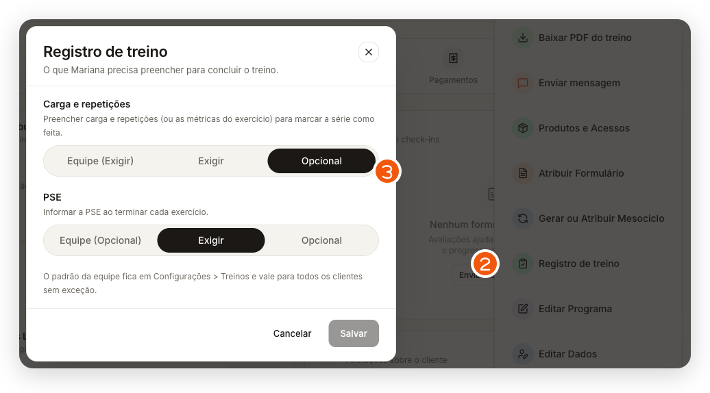 Diálogo Registro de treino aberto pelo menu ⋮ do aluno, depois de salvar carga e repetições opcional e PSE exigida