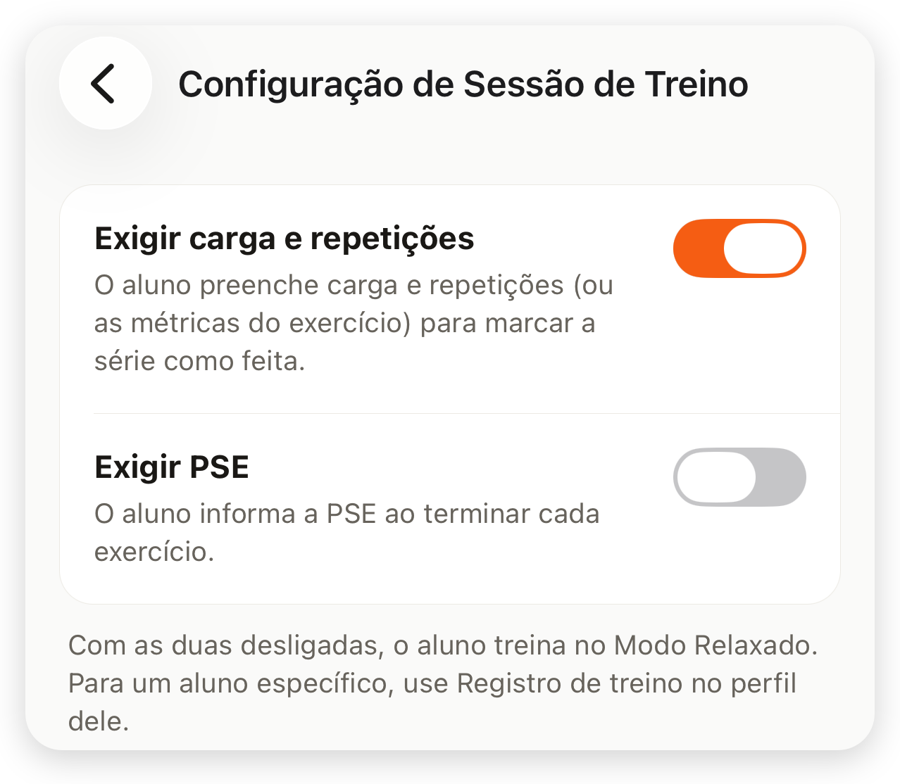 Configuração de Sessão de Treino no app com Exigir carga e repetições ligado e Exigir PSE desligado