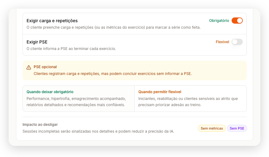 Configurações > Treinos com Exigir carga e repetições ligado, Exigir PSE desligado e o resumo PSE opcional
