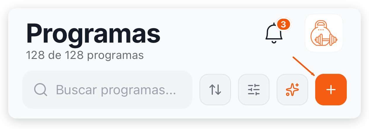 Tela Programas do app do treinador com o botão + de criar programa à direita da busca