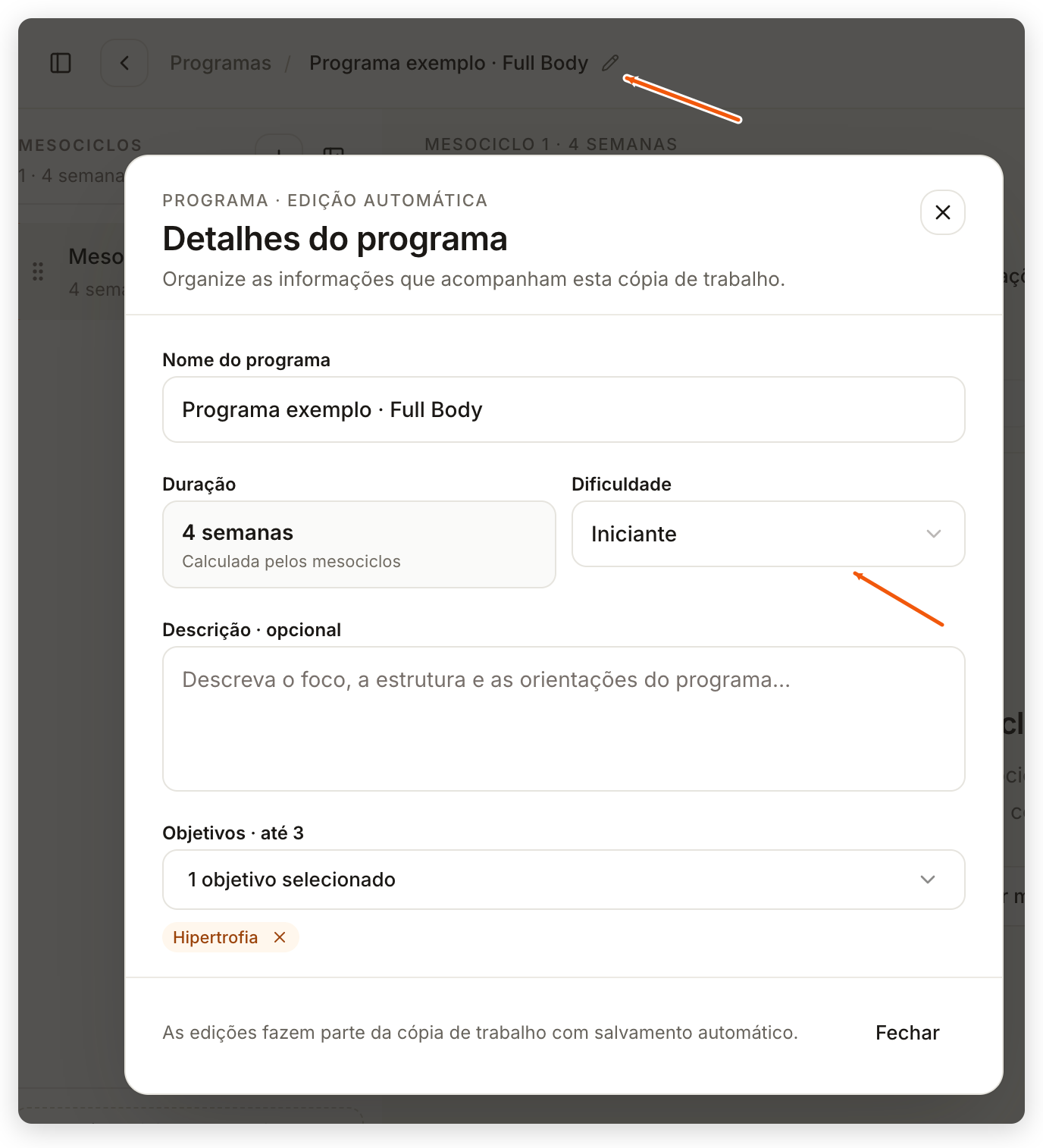 Detalhes do programa com o nome Programa exemplo · Full Body, dificuldade Iniciante e o objetivo Hipertrofia