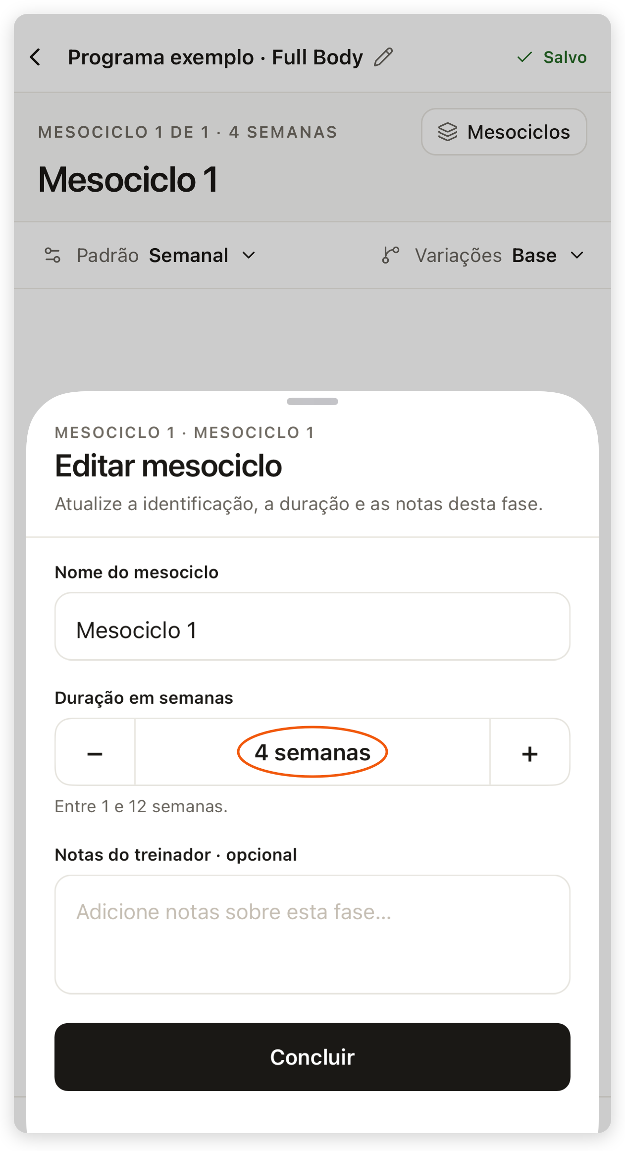 Folha Editar mesociclo no app com Duração em semanas igual a 4 e os botões de menos e mais