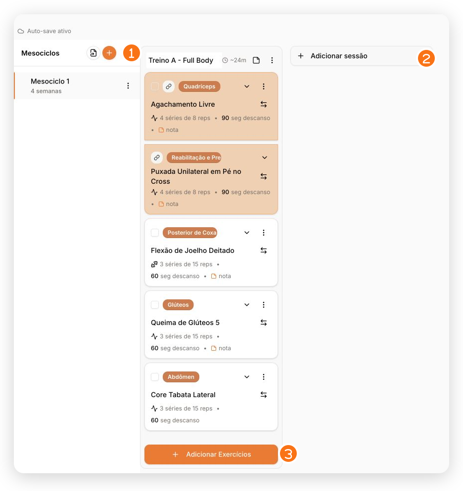Editor de programa com mesociclo, sessão e botões para adicionar sessões e exercícios