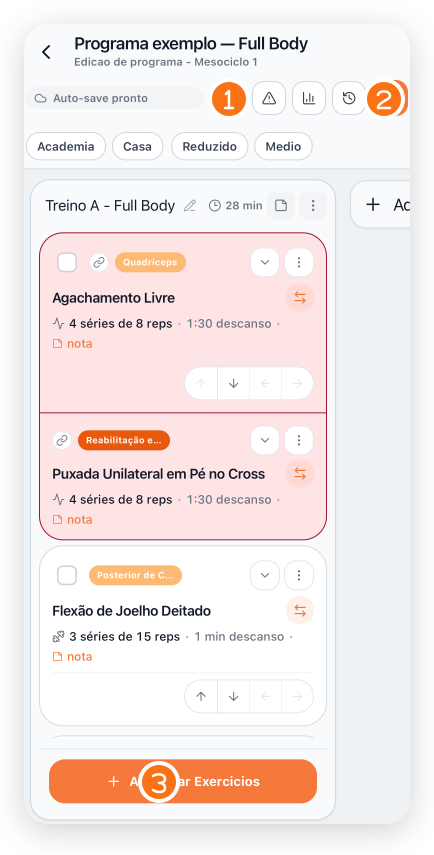 Editor manual no app com os acessos a Mesociclos, salvar e adicionar exercícios numerados