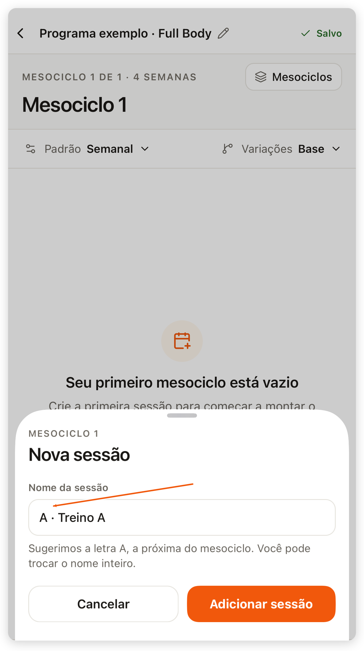 Folha Nova sessão no app com o nome A · Treino A e o botão Adicionar sessão