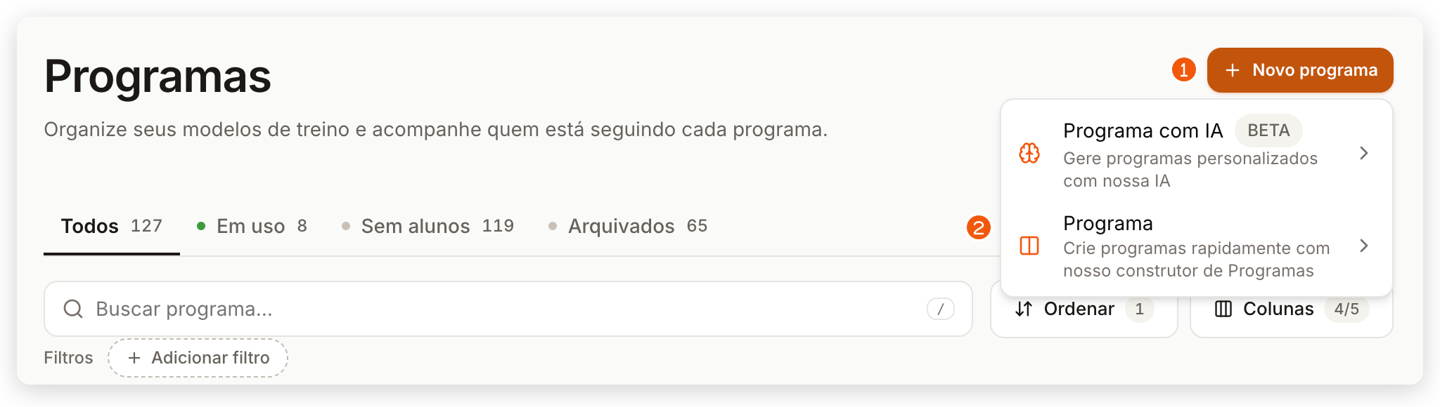 Lista Programas com o menu Novo programa aberto e as opções Programa com IA e Programa