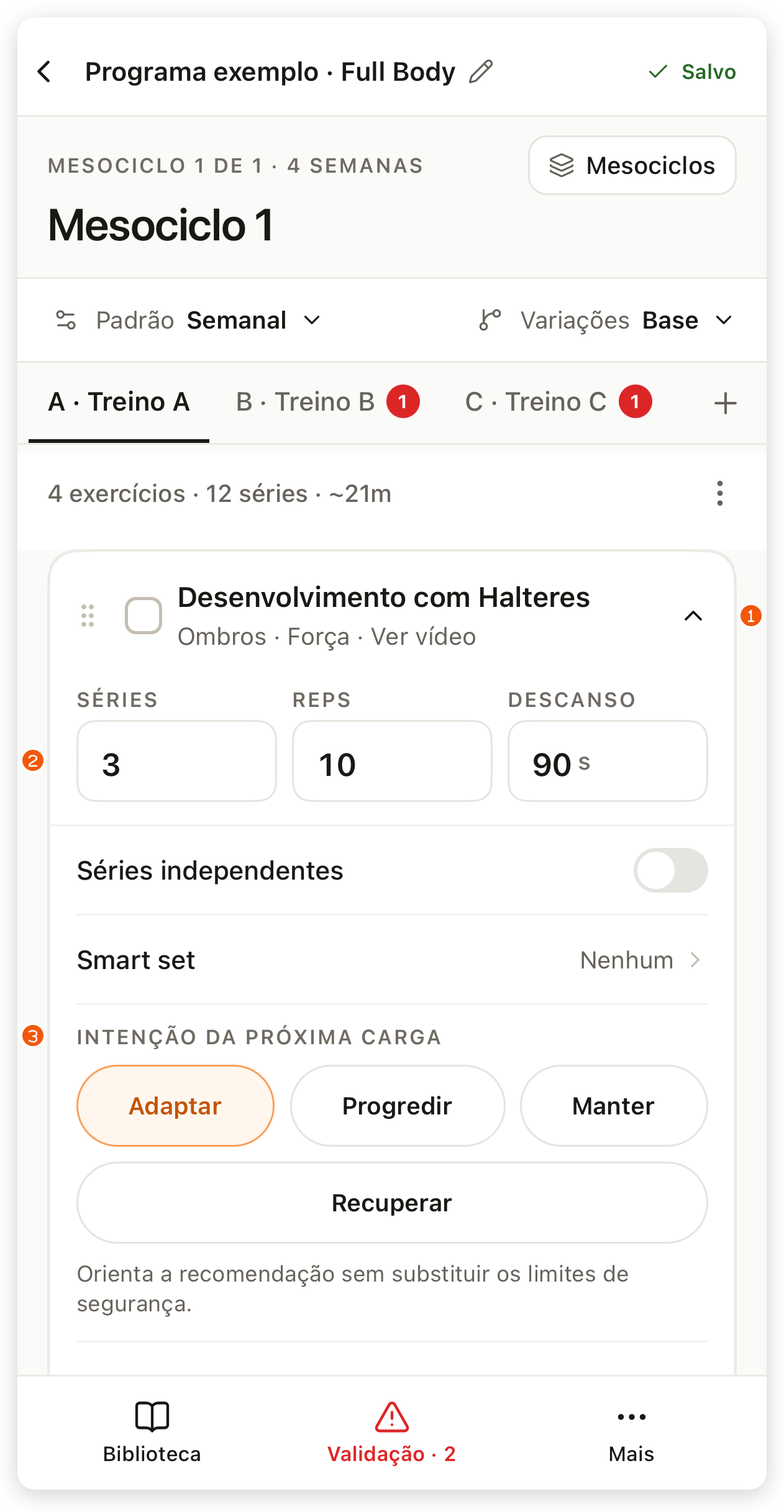 Exercício expandido no app com séries, repetições, descanso e intenção da próxima carga