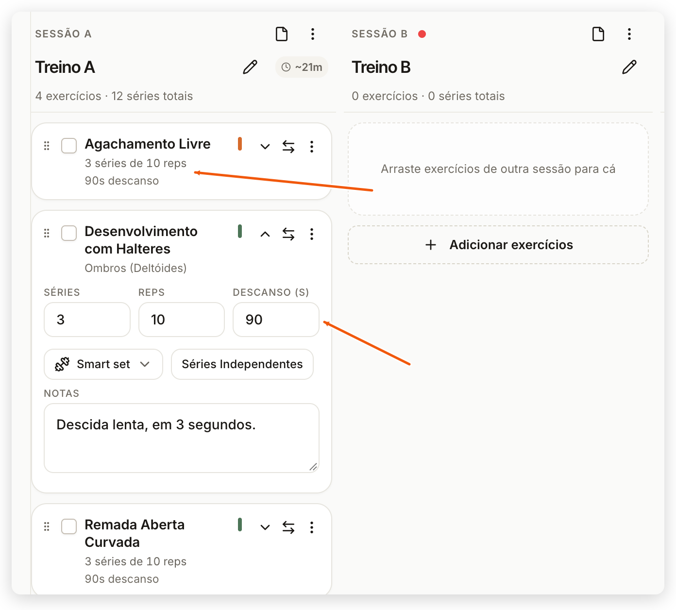 Cartão de exercício aberto no editor web com séries, repetições, descanso e notas preenchidos