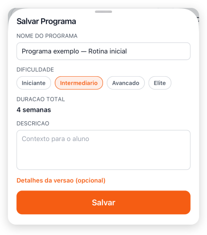 No app do treinador, Salvar Programa permite revisar nome, dificuldade e detalhes da versão antes de salvar