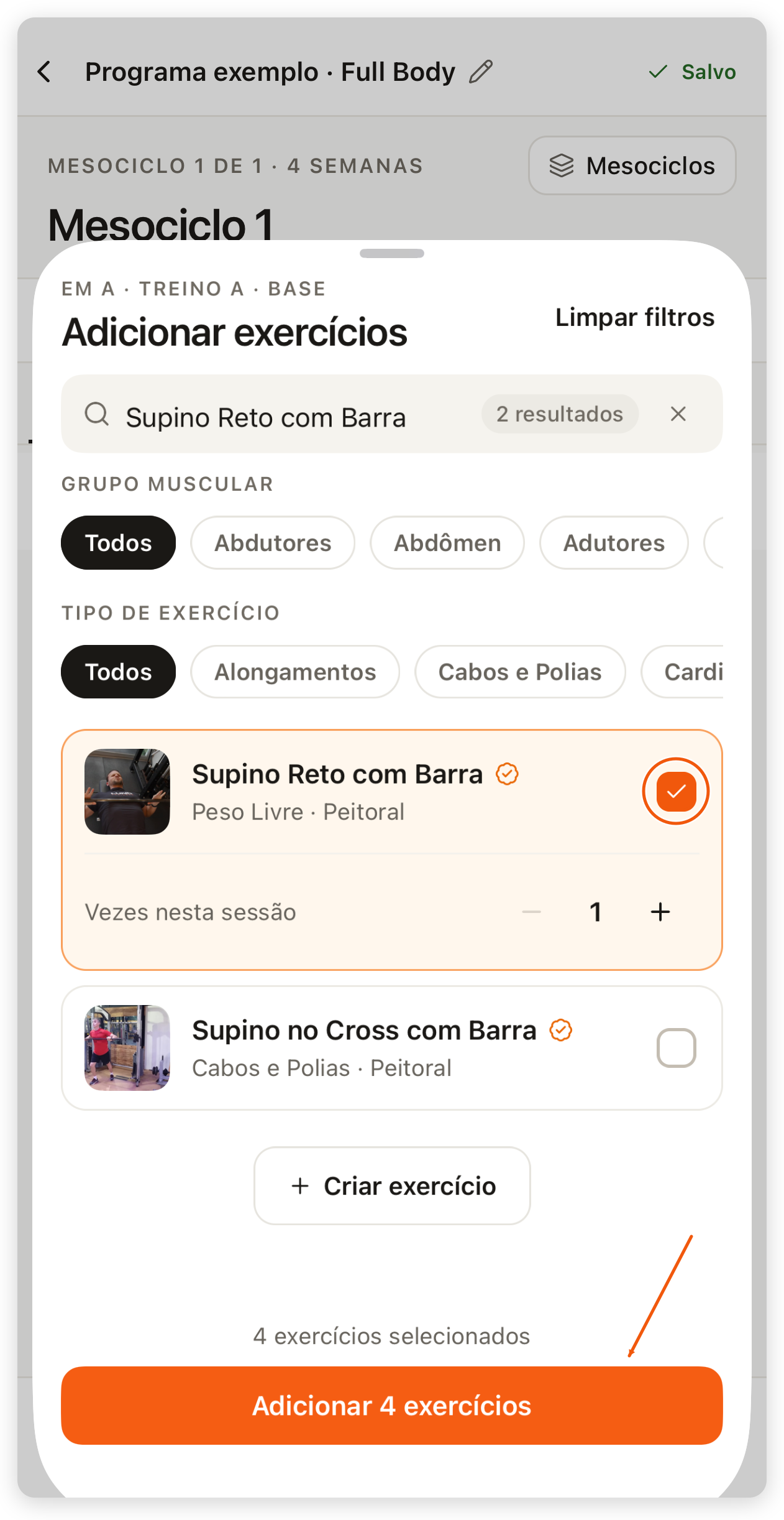 Seletor Adicionar exercícios no app com um exercício marcado, o controle Vezes nesta sessão, 4 exercícios selecionados e o botão Adicionar 4 exercícios