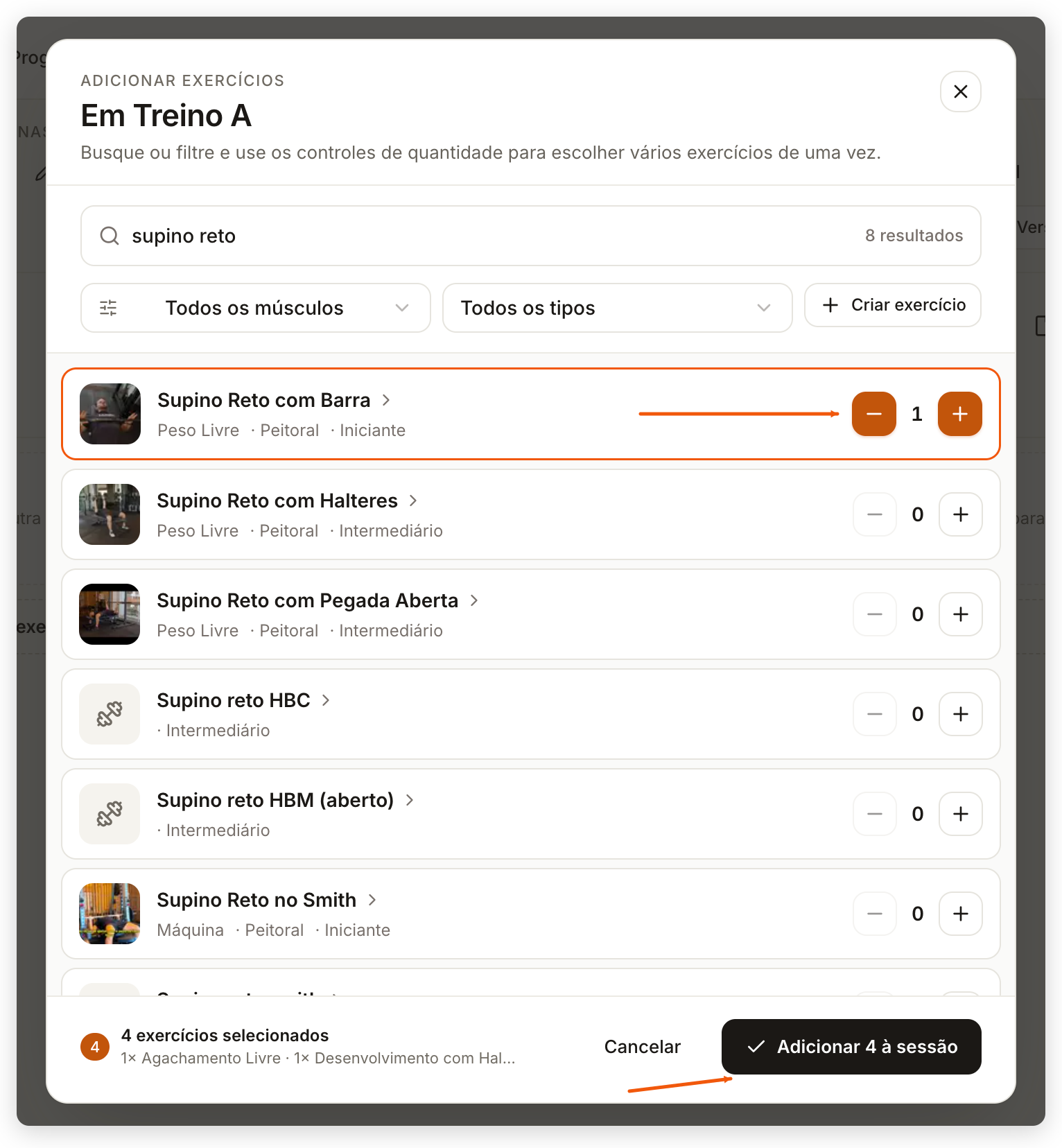Seletor Adicionar exercícios em Treino A com um exercício escolhido, o controle de quantidade, 4 exercícios selecionados e o botão Adicionar 4 à sessão