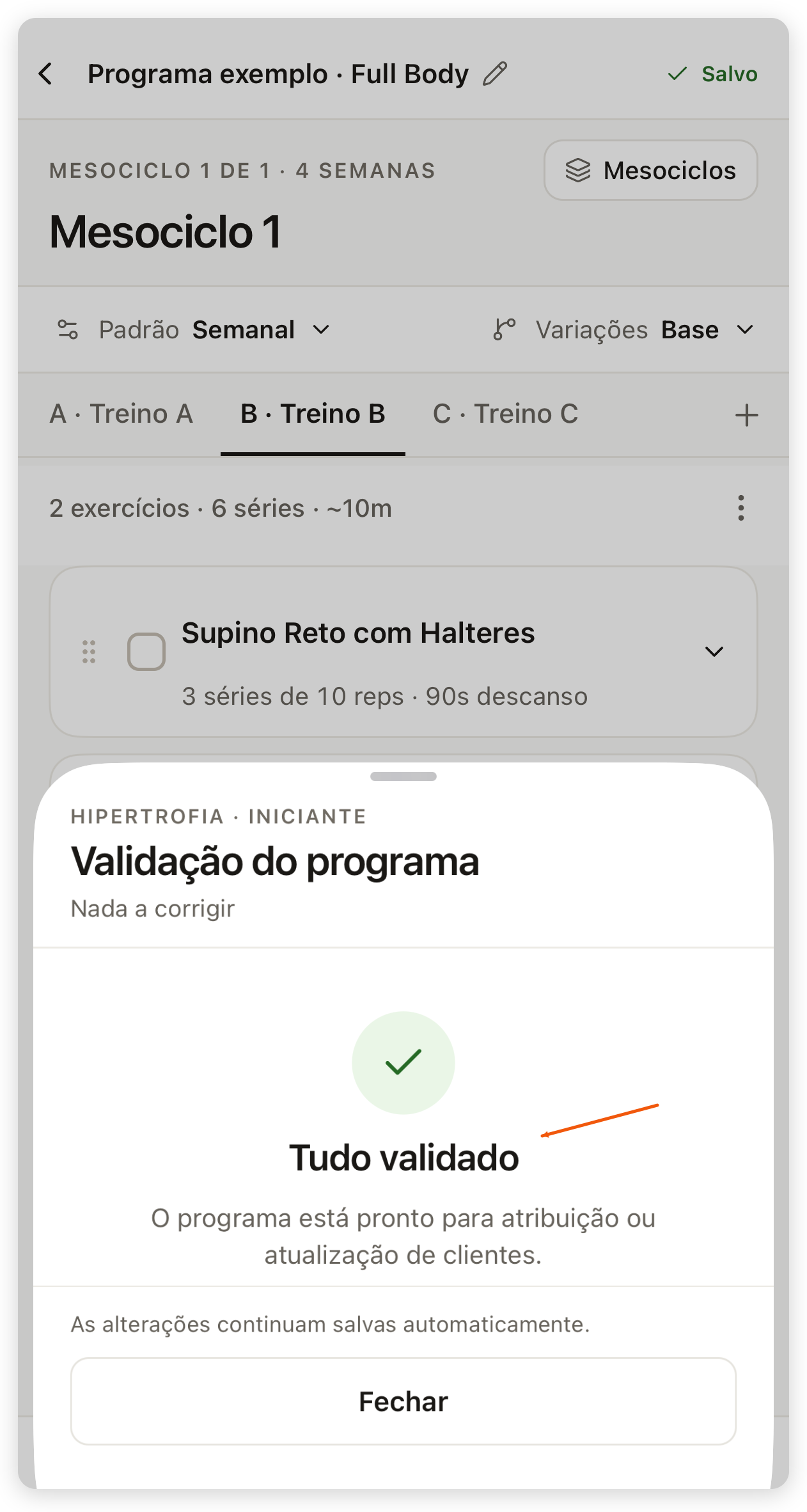 Validação do programa no app com Tudo validado depois de corrigir os bloqueadores